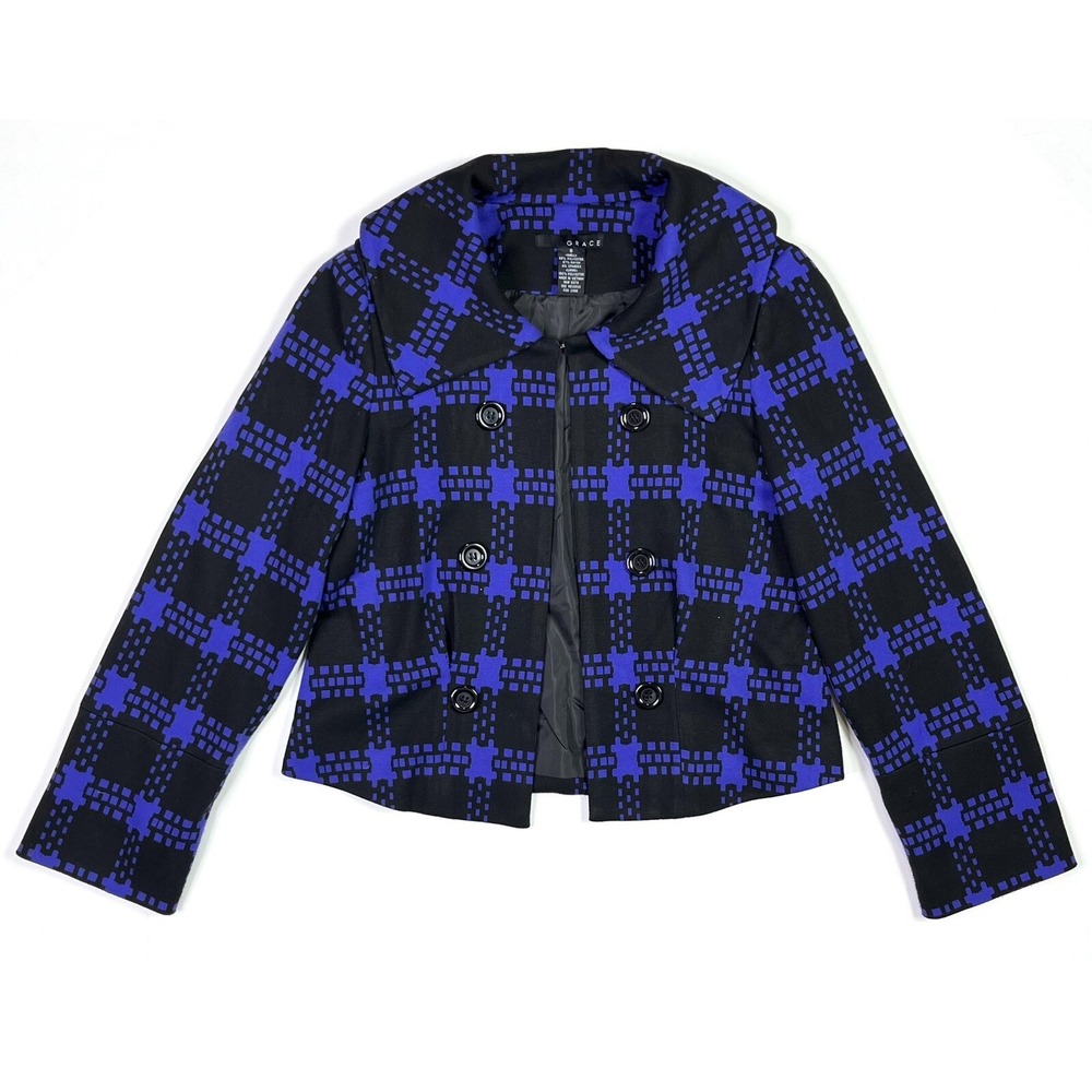 Grace Women's Jacket Size 8 Purple Check Open Front Long Sleeve Blazer